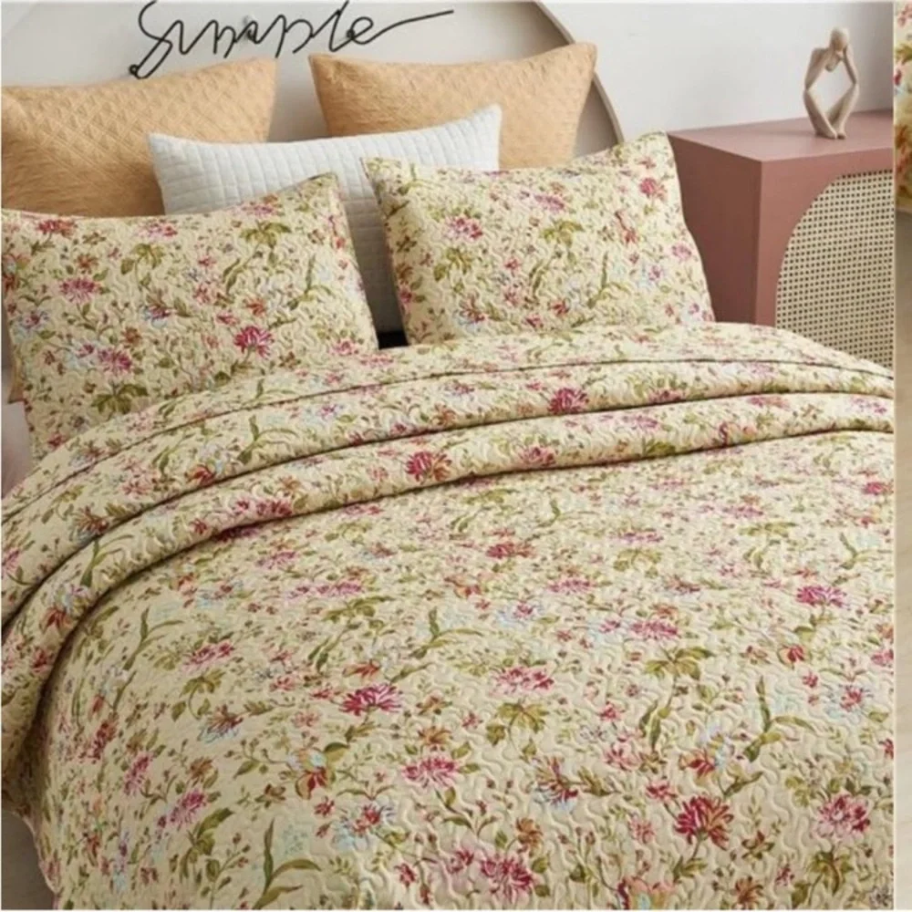 Floral Quilt Set Queen Size, Reversible Cotton Quilt Bedding Set